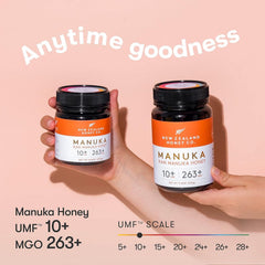 New Zealand Honey Co raw Manuka UMF 10+ amber glass showcasing color