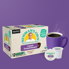Newman's Own Organic French Roast Keurig pods box front displaying organic and kosher certifications.