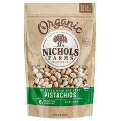 Nichols Farms roasted salted no-shell pistachios in a 32oz bag for snacking
