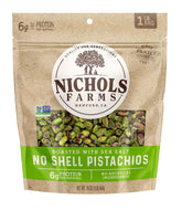 Nichols Farms No Shell pistachios in resealable pouch for fresh, on-the-go snacking.