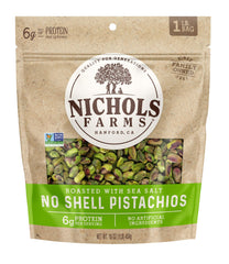 Nichols Farms No Shell pistachios in resealable pouch for fresh, on-the-go snacking.