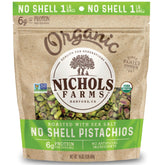 Nichols Farms organic pistachios close-up in a resealable pouch, perfect for on-the-go snacking.