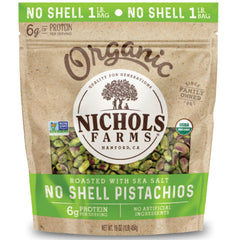 Nichols Farms organic pistachios close-up in a resealable pouch, perfect for on-the-go snacking.