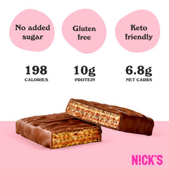 N!CK'S NICKS Protein Wafer Bar cross-section reveals crisp filling for a pre-workout snack.