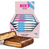 N!CK'S NICKS Protein Wafer Bar wrapped in milk chocolate for quick energy during workouts.