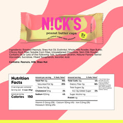 NICKS Peanut Butter Cups pack back view, gluten-free and no added sugar.