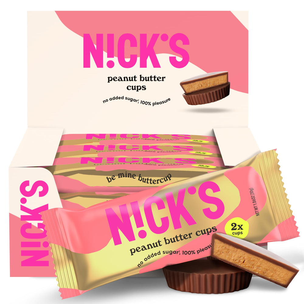 NICKS Peanut Butter Cups pack front view, keto-friendly snack option.