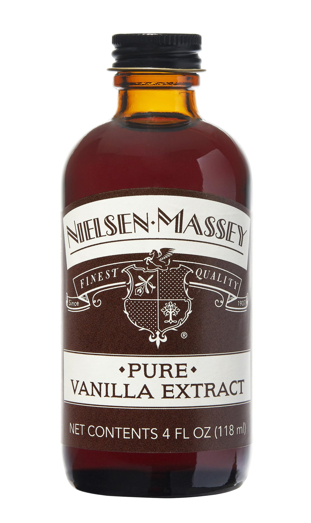 Nielsen-Massey Pure Vanilla Extract bottle enhances baking flavor for cakes, cookies, and desserts.