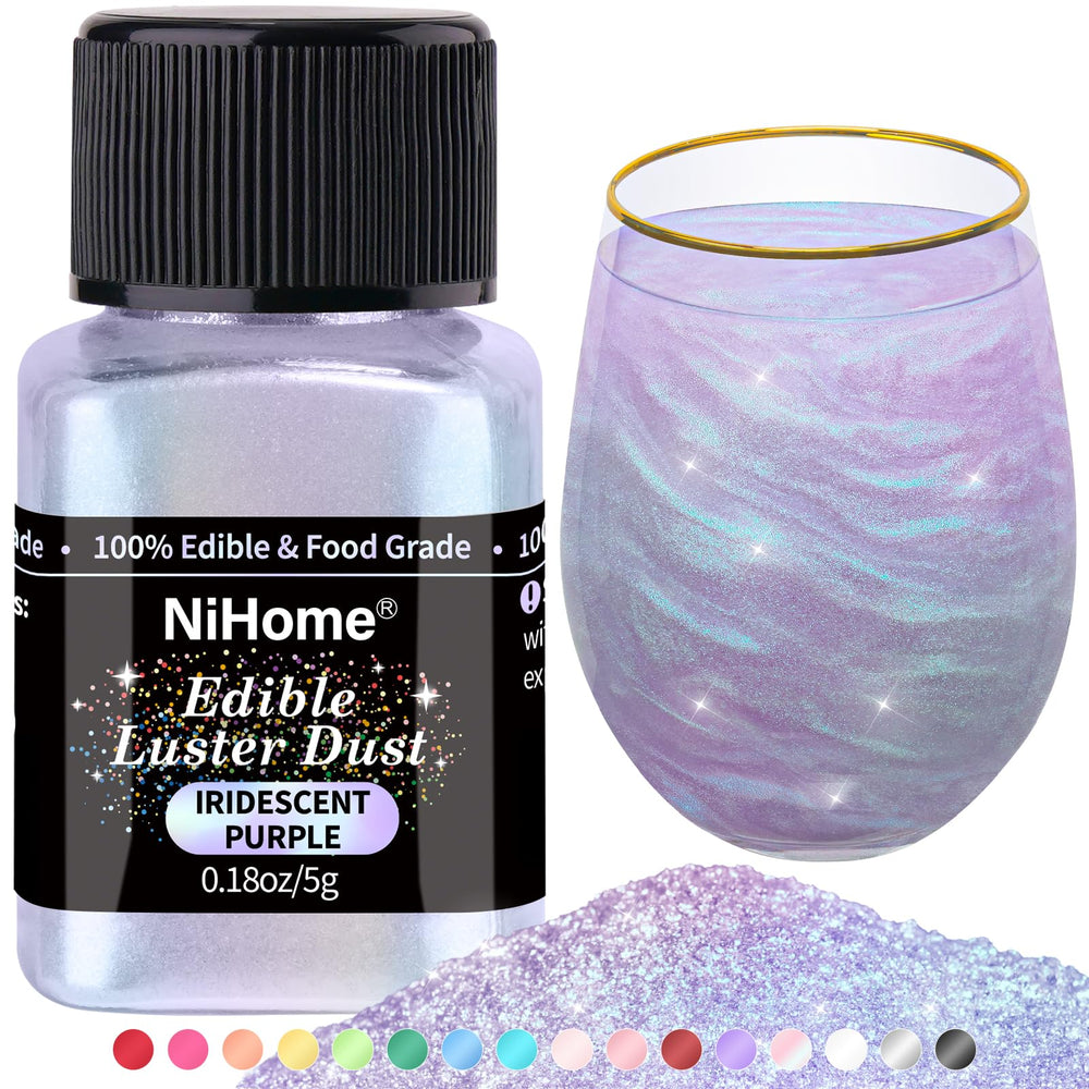NiHome edible glimmer powder iridescent purple jar showcases vibrant, food-grade sparkle for desserts.