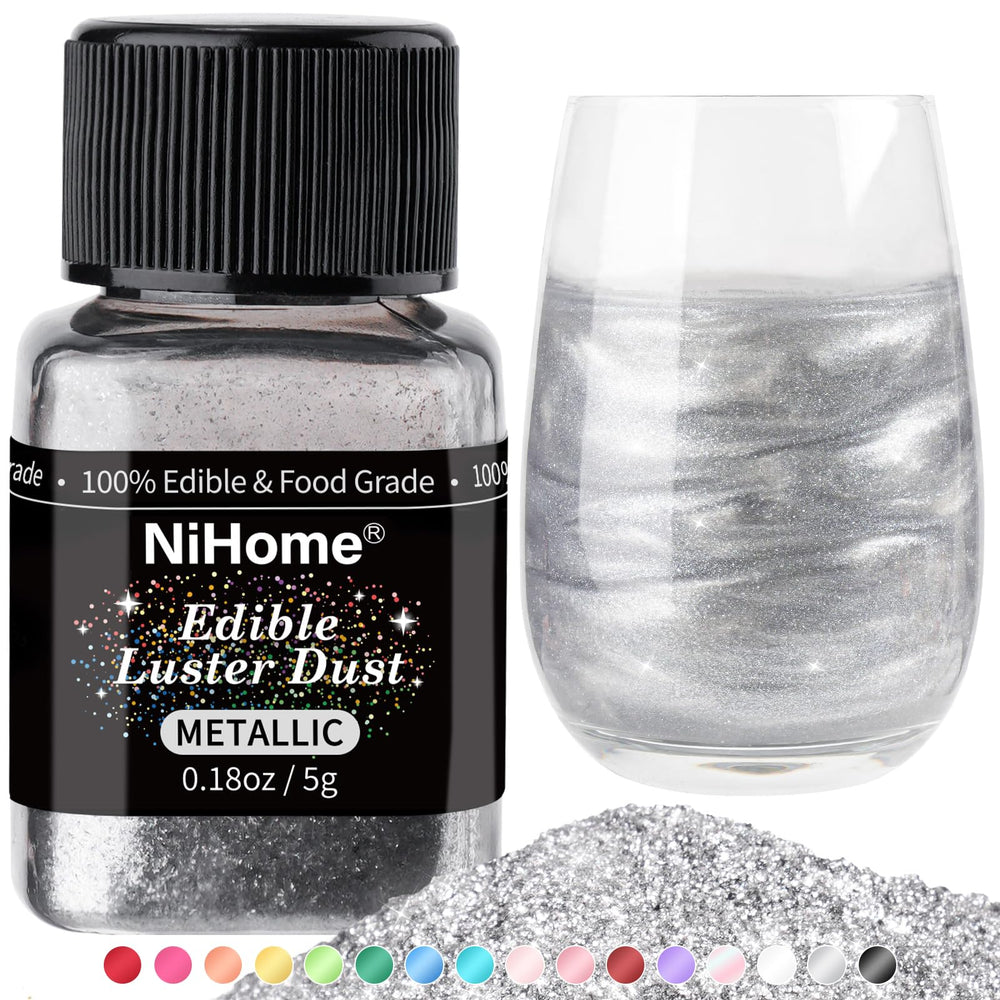 NiHome edible glimmer powder jar close-up with metallic shimmer for desserts