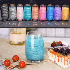 NiHome teal glimmer powder fine grain shows vibrant finish on desserts.