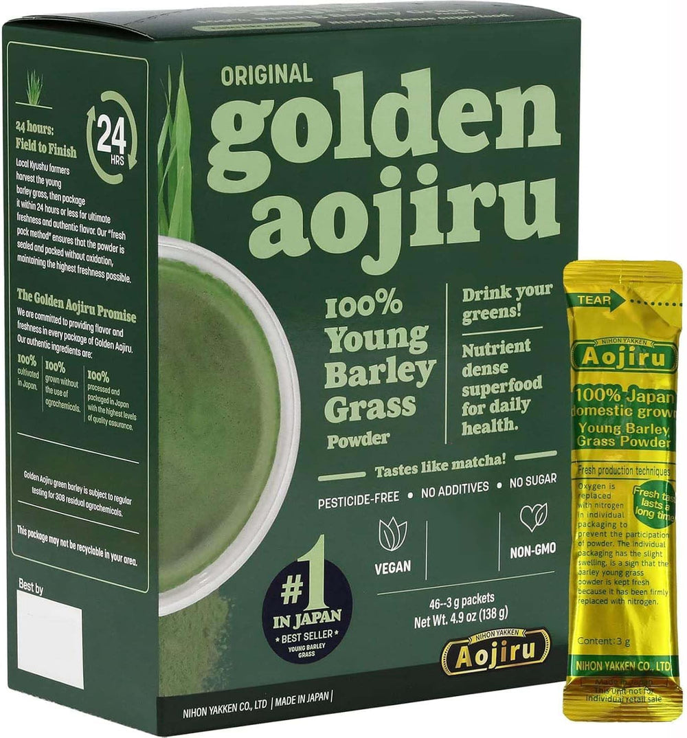 NIHON YAKKEN Golden Aojiru original packet front for daily greens boost.