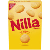 NILLA Wafers vanilla cookies on box front, appealing snack choice