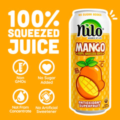 NILO Mango Juice no sugar added bottle suggests a clean, natural option.