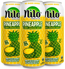 NILO Pineapple Juice bottle front view in a 12-pack, pure flavor with no sugar added.