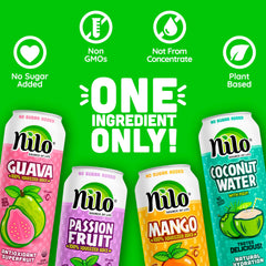 NILO coconut water bottle highlighting hydration with electrolytes.