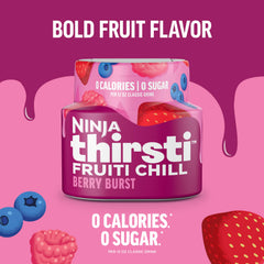 Close-up of Ninja Thirsti Fruiti Chill Berry Burst drops, one drop makes 20 drinks.