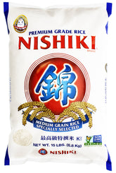 Nishiki Premium Medium Grain Rice in a 15 lb bag, ideal for sushi prep.