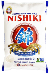 Nishiki Premium Medium Grain Rice in a 15 lb bag, ideal for sushi prep.