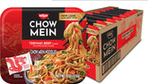 Nissin Chow Mein Teriyaki Beef noodles in a microwave-ready tray for quick dinners.