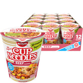 Nissin Cup Noodles Beef Flavor pack-front; quick comfort for busy days.