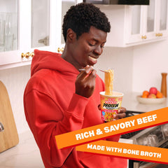 NISSIN Cup Noodles Protein — microwave prep scene for fast meals.