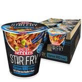 Nissin Cup Noodles Stir Fry Korean BBQ noodles with vegetables, microwave-ready meal.