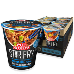 Nissin Cup Noodles Stir Fry Korean BBQ noodles with vegetables, microwave-ready meal.
