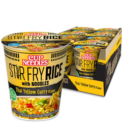 NISSIN Cup Noodles Stir Fry Rice with Noodles Thai Yellow Curry pack6 front, quick meal option.
