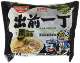 Nissin Demae Black Garlic Oil Tonkotsu Pork Flavor front pack view for quick dinner option.