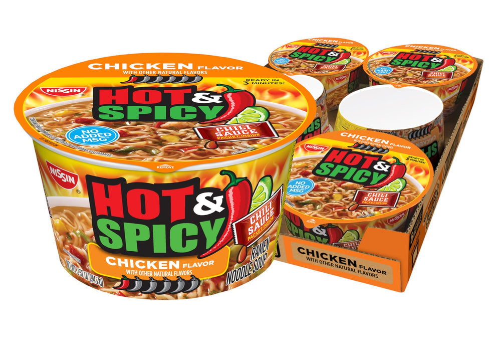 NISSIN Hot & Spicy Chicken Ramen bowl microwaved for a quick meal