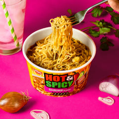 NISSIN Hot & Spicy Shrimp ramen in microwave-ready bowl for fast meals.