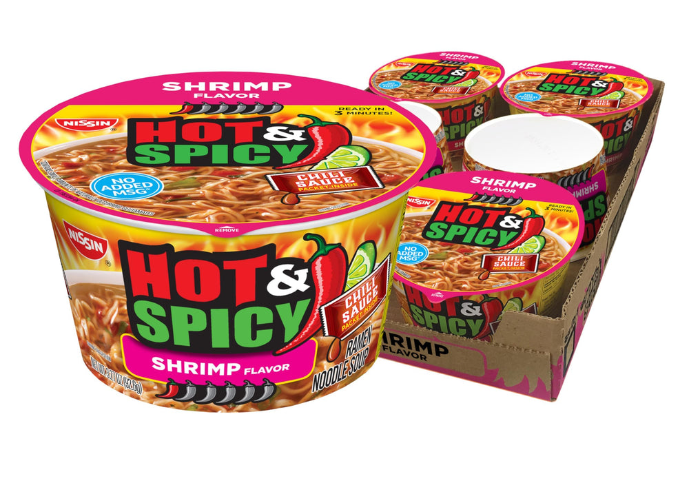 NISSIN Hot & Spicy Shrimp ramen noodles in a steaming bowl for a quick lunch.