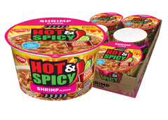 NISSIN Hot & Spicy Shrimp ramen noodles in a steaming bowl for a quick lunch.