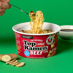 NISSIN Top Ramen Beef bowl with no added MSG.
