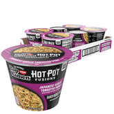 NISSIN Top Ramen HotPot Fusions garlic-tonkotsu pork bowl displays a rich broth, ready in minutes.