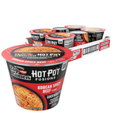 NISSIN Top Ramen HotPot Fusions Korean Spicy Beef ingredients close-up, quick flavorful meal.