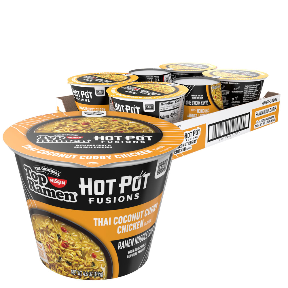 NISSIN Top Ramen Hot Pot Fusion bowl steaming with bok choy for quick meals
