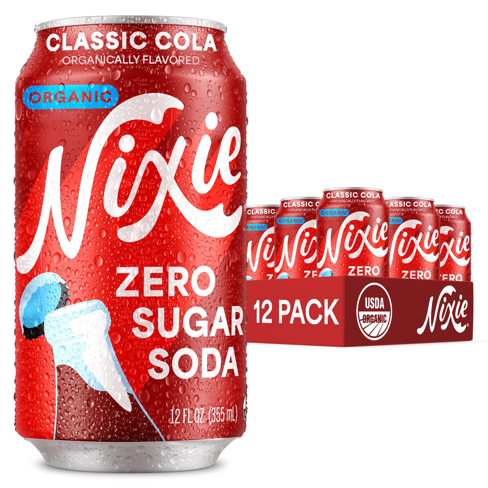 Nixie Classic Cola can front, highlighting zero sugar and organic ingredients, for a guilt-free refresh.