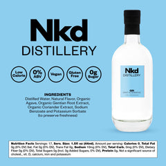 Bottle pour shot of NKD Gin Non-Alcoholic Spirit showing botanicals for 1:1 cocktail replacement.