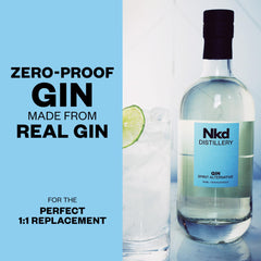 Close-up of NKD Gin Non-Alcoholic Spirit label with juniper and lime notes.