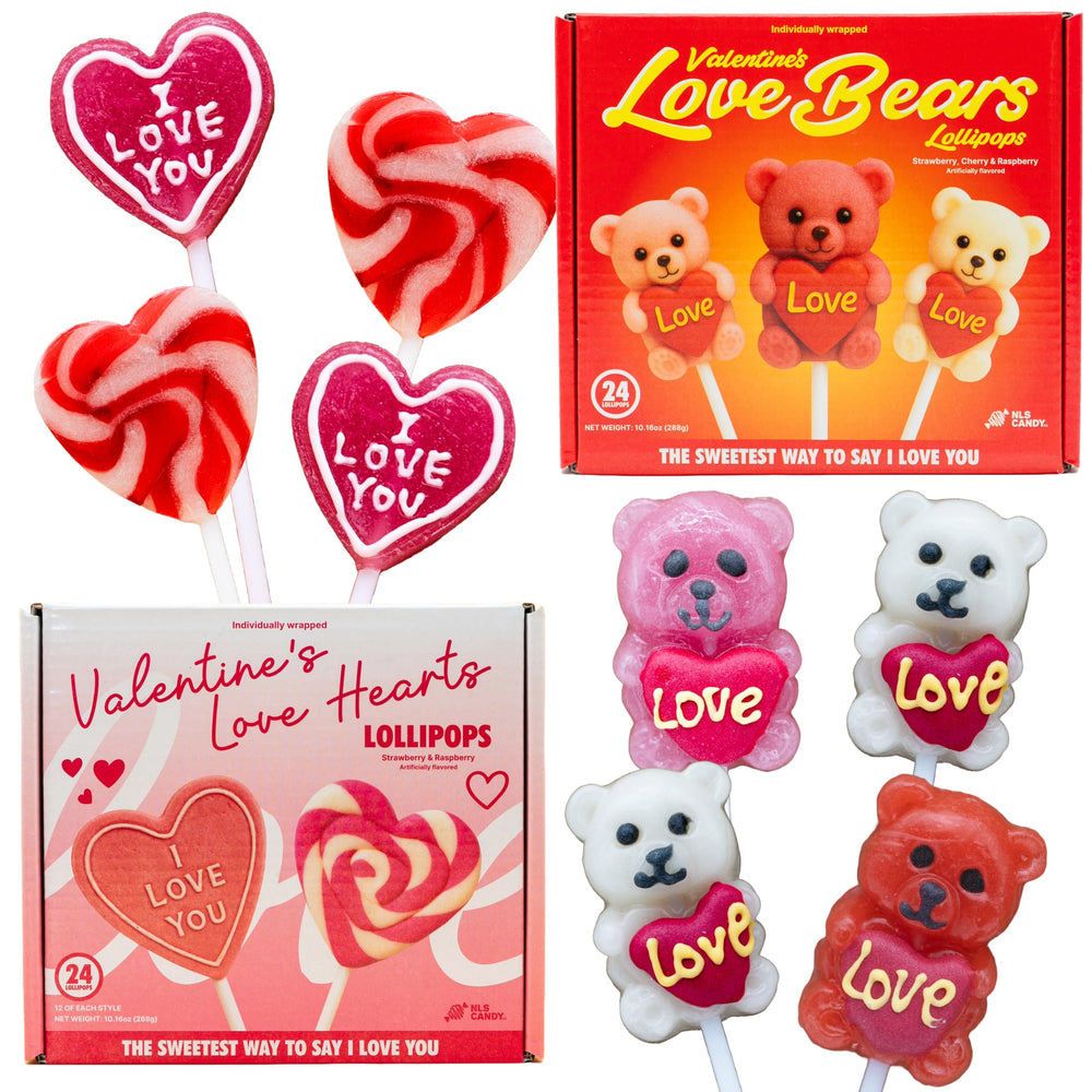 NLS Candy Co Valentine bear-heart lollipops in gift-ready boxes.