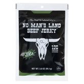 No Man's Land Dill Pickle Beef Jerky packaging displaying high-protein snack.