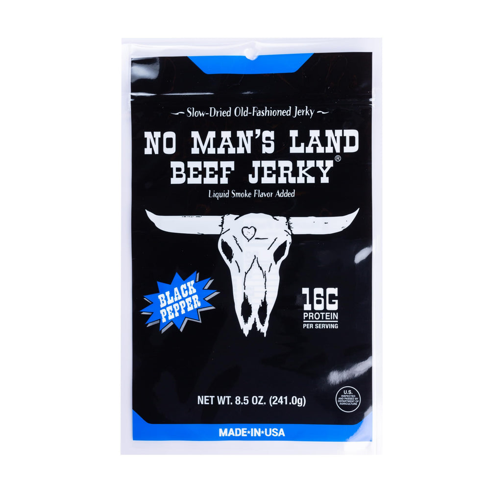 No Mans Land black pepper beef jerky bag highlights 16g protein per serving for on-the-go fueling