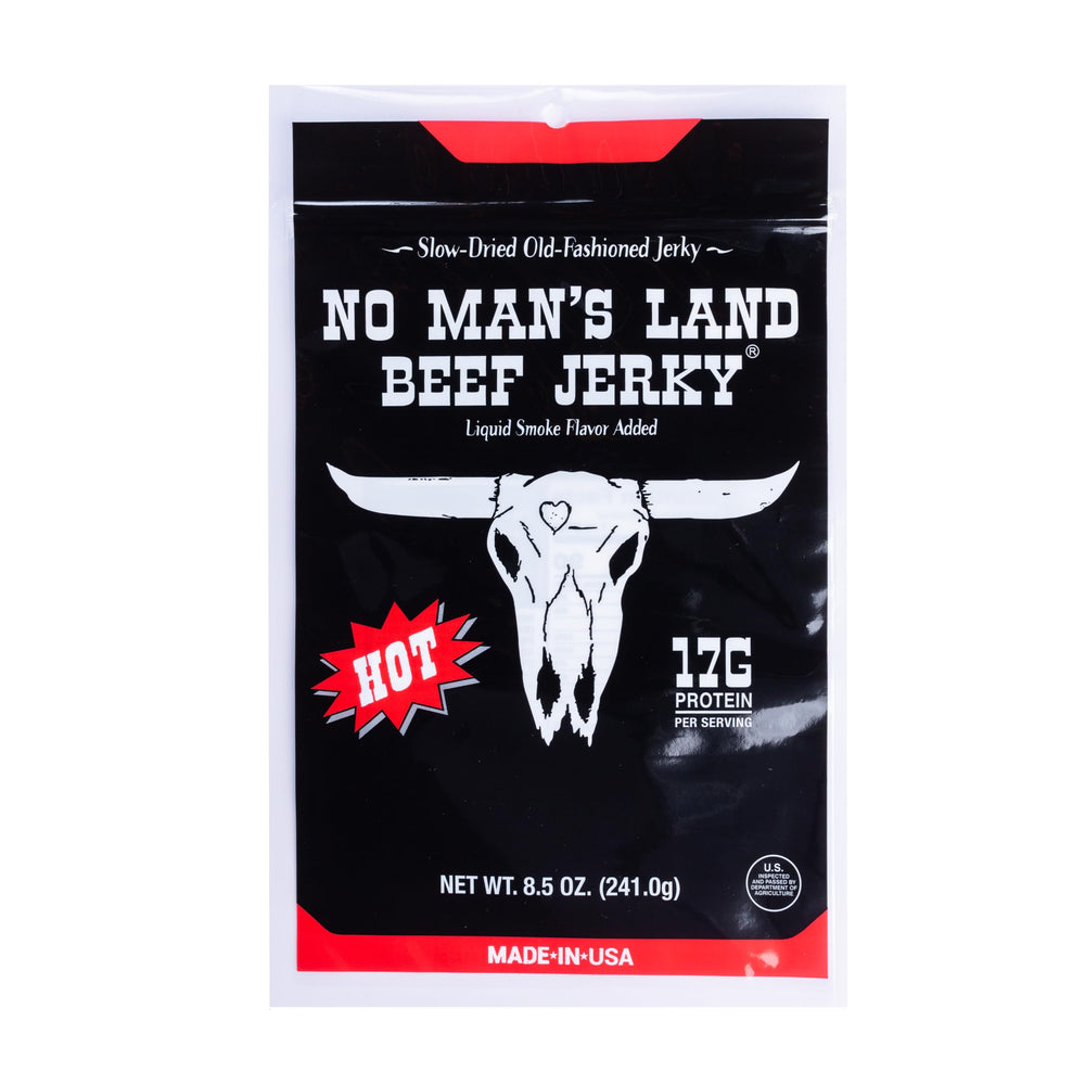 No Mans Land Hot beef jerky bag shows bold flavor and protein appeal.