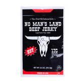 No Mans Land Hot beef jerky bag shows bold flavor and protein appeal.