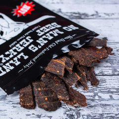 No Mans Land Hot beef jerky ingredients close-up emphasizes clean label.