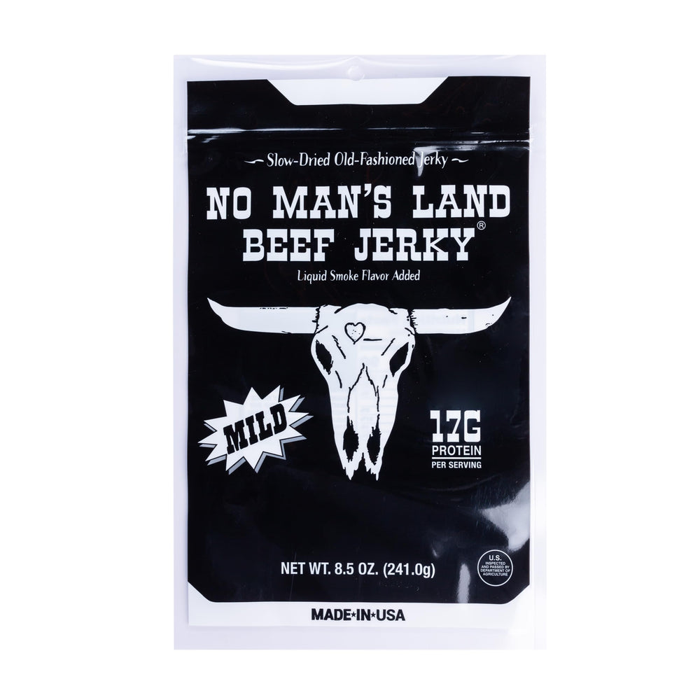 No Mans Land Beef Jerky bag front — protein-rich on-the-go snack.