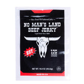 No Mans Land Premium Beef Jerky bag highlights protein-packed snack for active days.