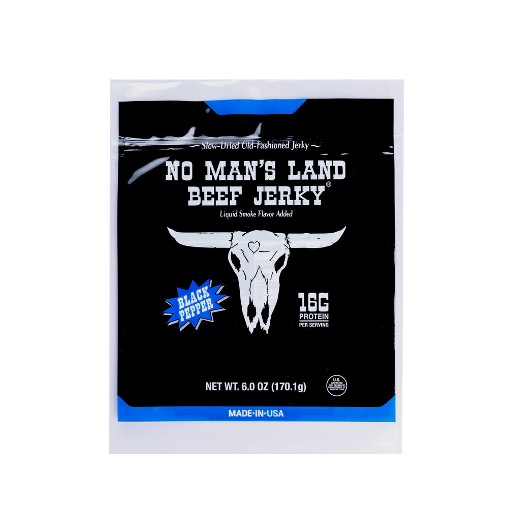 No Mans Land Slow-Dried Beef Jerky front of bag showing premium protein